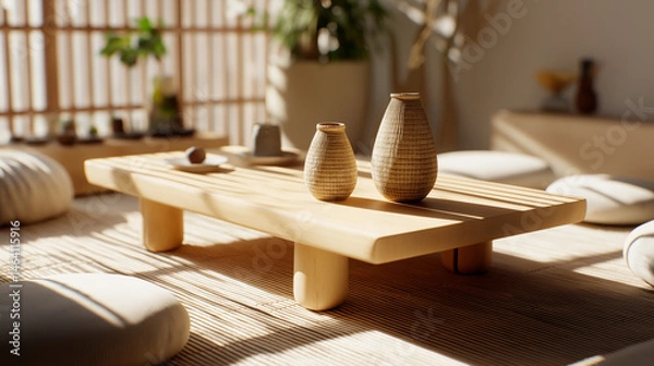 Obraz Natural Wood Minimalist Coffee Table with Vases and Cushions in Sunny Room