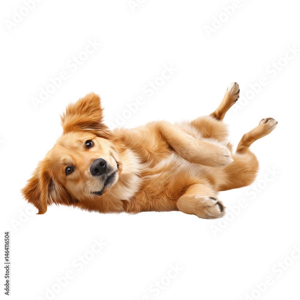 Obraz A golden retriever puppy enjoys a playful moment, lying on its back with paws in the air. Its curious expression suggests happiness and playfulness, highlighting its friendly nature
