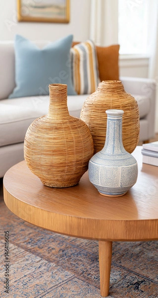 Obraz Close Up of Round Coffee Table with Woven and Ceramic Vases