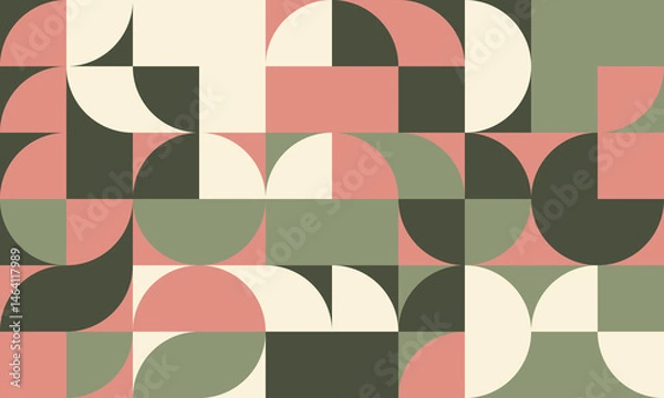 Fototapeta Abstract geometric pattern with muted pink, green, and cream hues.  Modern, minimalist design featuring semicircles and squares, ideal for backgrounds, website banners, or textile prints.
