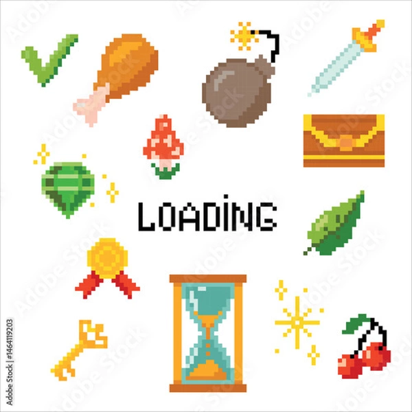Fototapeta Set of objects. Pixel art. Game elements. Environment for Retro 8 bit icons for old school platformer video game. Vector illustration isolated on white background.
