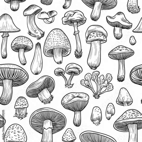 Fototapeta Seamless vector pattern of assorted mushrooms in detailed line art style