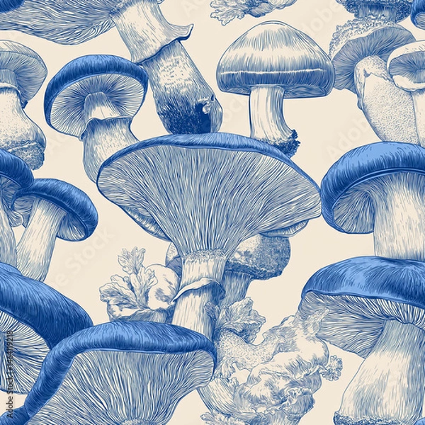 Obraz Seamless vector pattern of assorted mushrooms in detailed line art style
