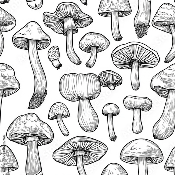 Fototapeta Seamless vector pattern of assorted mushrooms in detailed line art style
