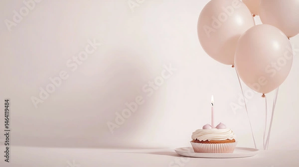 Obraz Minimalist birthday scene with pastel balloons and a bento cake on a white backdrop.