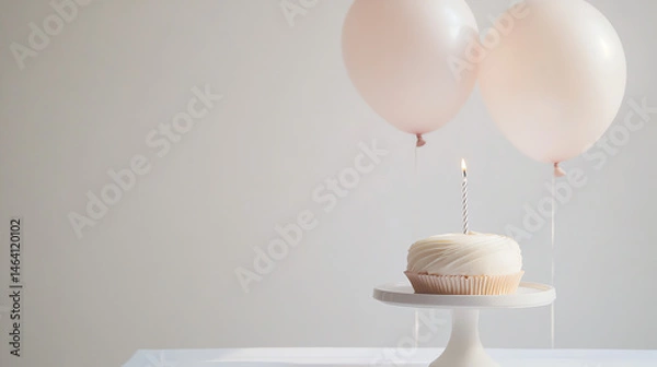 Obraz Minimalist birthday scene with pastel balloons and a bento cake on a white backdrop.