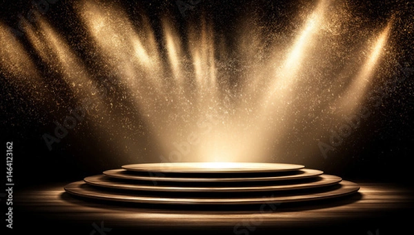 Obraz Golden Stage with Spotlight and Sparkling Particles