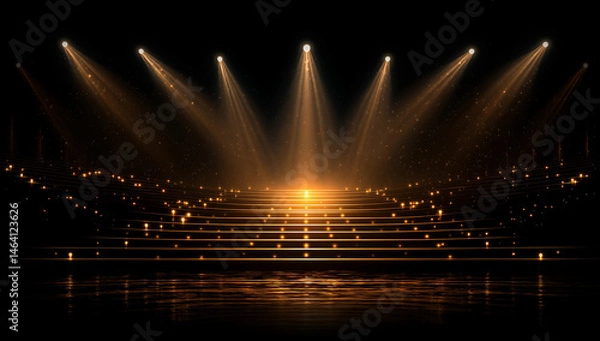 Obraz Golden Stage with Multiple Spotlights and Illuminated Stairs