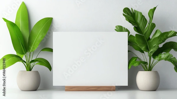 Obraz A minimalist interior setup featuring a blank canvas and lush green plants, perfect for artistic inspiration and decoration.