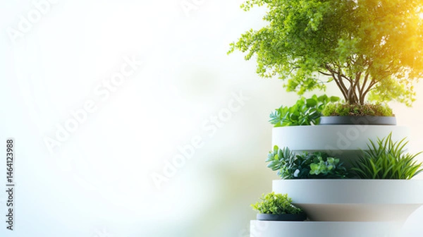 Obraz A modern arrangement of vibrant potted plants displayed in stacked planters, showcasing nature's beauty in a contemporary setting.