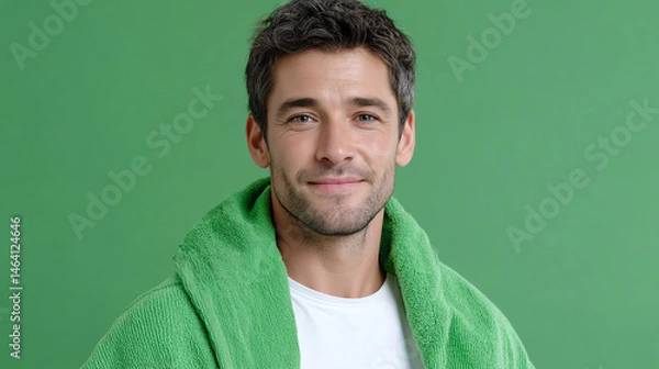 Obraz A smiling man wrapped in a green towel against a vibrant green backdrop, exuding warmth and comfort.
