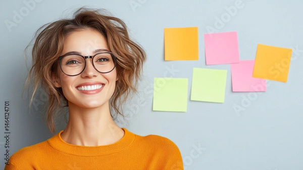 Obraz A smiling woman with glasses, dressed in an orange sweater, stands by colorful sticky notes on a wall, showcasing positivity.