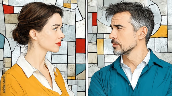 Fototapeta A thought-provoking interaction between two individuals showcasing diverse expressions against a colorful background.