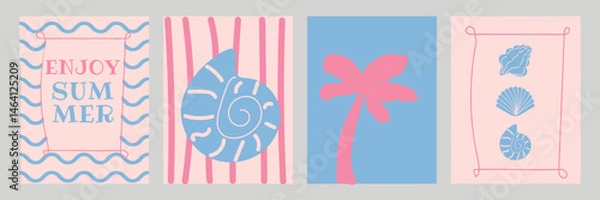 Fototapeta Summer abstract trendy poster set. Card pack with wavy, seashell, palm, frame doodle hand drawn. Summer vacation design for web design, print, decor. Vector illustration