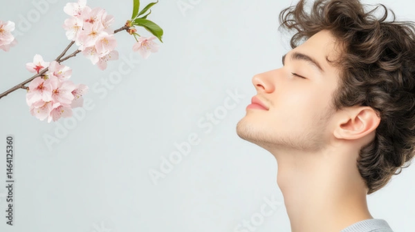 Obraz A young man enjoying the gentle touch of spring blossoms, capturing a moment of tranquility and connection with nature.