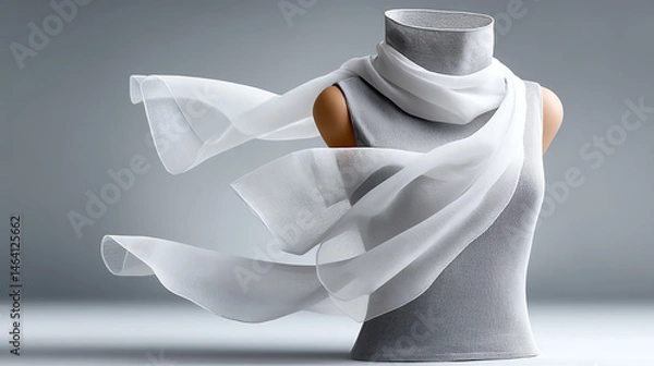 Obraz An elegant display of a mannequin draped with a flowing white scarf, symbolizing fashion and creativity in contemporary style.