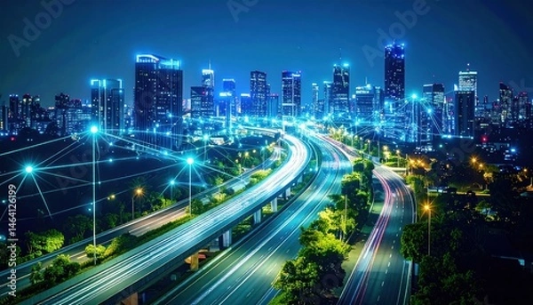 Fototapeta City Skyline at Night with Highway and Connections