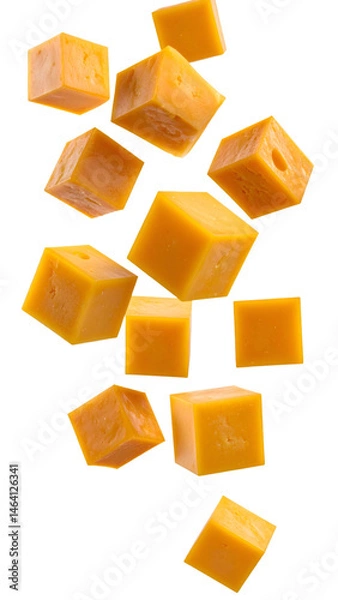 Fototapeta Multiple Smoked Cheese Cubes Falling on Transparent Background