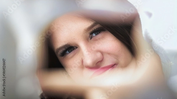 Obraz In a stylish moment, a young girl captures attention by posing through a creative frame, highlighting her fashionable outfit and confident expression