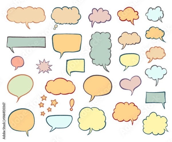 Obraz collection of hand-drawn, multicolored speech and thought bubbles, various shapes and sizes, including ovals, rectangles, clouds, and stars