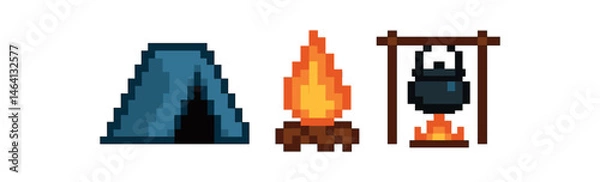 Obraz Pixel art tent, campfire, and hanging pot - retro camping symbols
