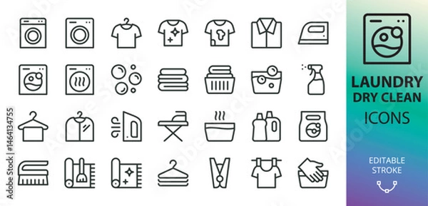 Obraz Laundry, dry cleaning icons set. Set of washing machine, ironing, drying clothes, carpet cleaning, washing powder, clothespin vector icon with editable stroke
