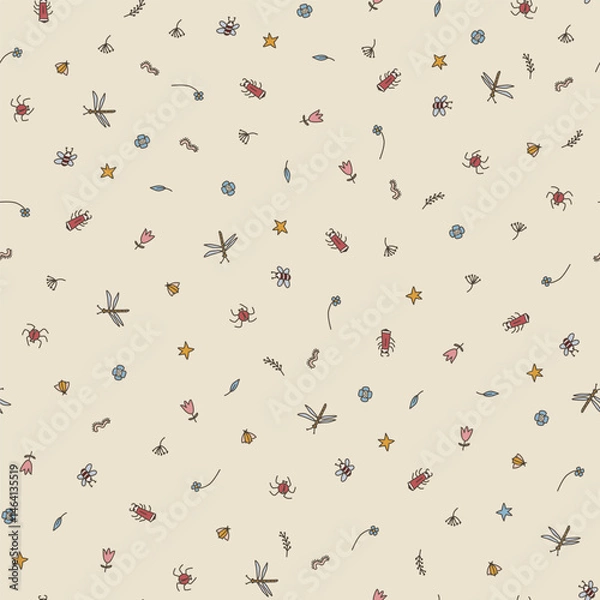 Obraz Seamless pattern with hand-drawn small bugs on a muted beige background