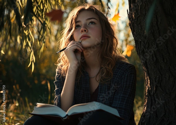 Fototapeta A girl sitting under a willow tree journaling in light for a serene and reflective outdoor storytelling moment