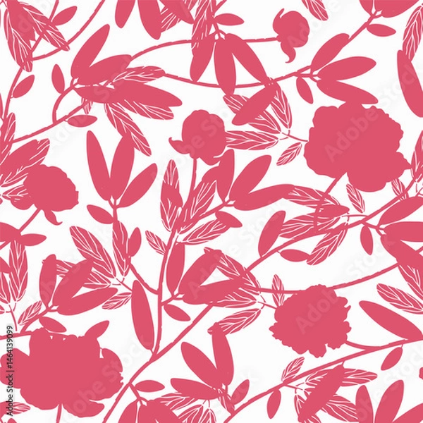Obraz A bold and elegant floral silhouette pattern with blooming peonies and leafy branches in deep rose tones