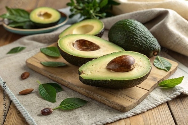 Fototapeta Ripe green avocados cut in half with a large stone on a wooden table. High quality photo