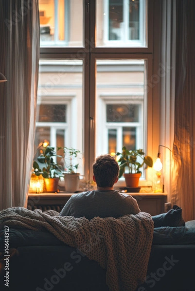 Obraz The living room is quiet with the curtains drawn and lights low. A man is resting on the sofa, looking out the window with a sigh of relief