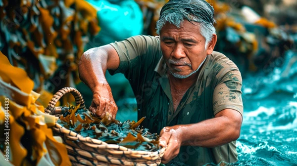 Fototapeta An elderly Asian seaweed harvester holds a basket full of freshly picked seaweed in the water at the coast, symbolizing sustainable harvesting and coastal lifestyle.