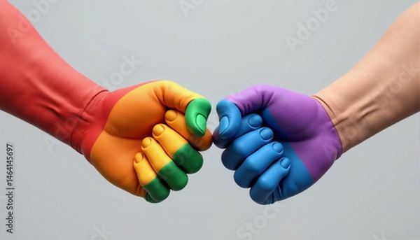 Fototapeta Colorful fists symbolizing support and unity against a gray background  