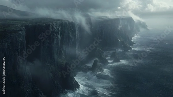Fototapeta Dramatic coastline with towering cliffs and crashing waves