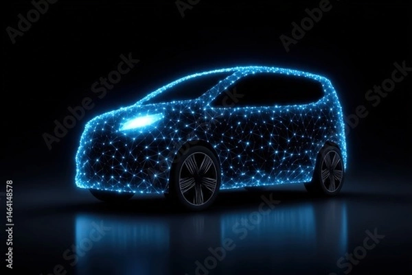 Fototapeta Innovative electric vehicle illuminated with a network of blue glowing connections showcasing futuristic design and advanced technology in a sleek modern aesthetic