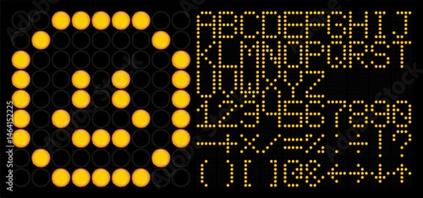 Obraz Yellow dot matrix LED font alphabet, number and symbol set. Digital scoreboard style with glowing circular lamps. Vector 