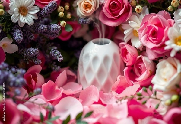 Fototapeta A serene setup features a white aroma diffuser complemented by a vibrant arrangement of blooming pink and white roses, symbolizing beauty and relaxation in an ambiance of natural elegance.

