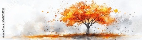Fototapeta A vibrant watercolor painting of a tree with bright orange foliage, standing alone in a serene, abstract landscape.