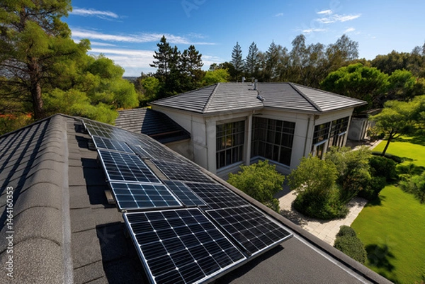 Obraz Modern house with solar panels showcasing eco-friendly design under a clear sky