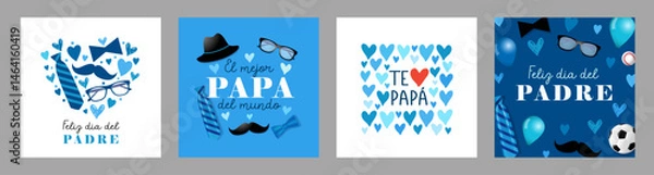 Fototapeta Feliz dia del Padre and El mejor Papa spanish greeting cards set with mens accessories. Translation - Happy Father's Day, Best dad in the world, I love you Dad. Vector illustration
