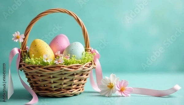 Obraz Colorful speckled eggs in a spring basket with pastel ribbons , purple, chick, eggs