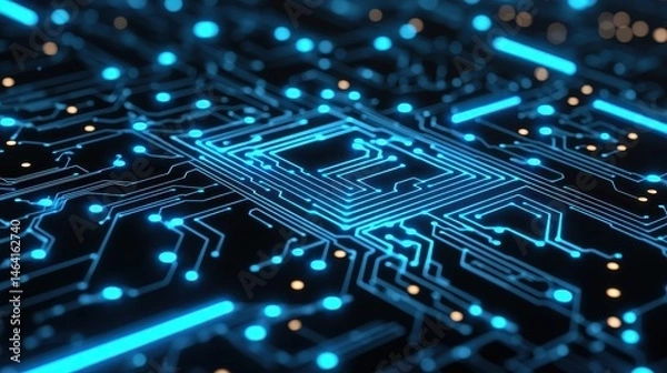 Fototapeta Intricate digital circuitry with luminous blue nodes dynamic energy flow sleek modern design soft shadows close-up angle