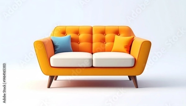 Fototapeta Orange Sofa with Pillows on White Background