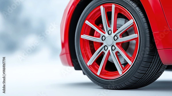 Fototapeta Bright red car wheel with stylish alloy rim on icy surface
