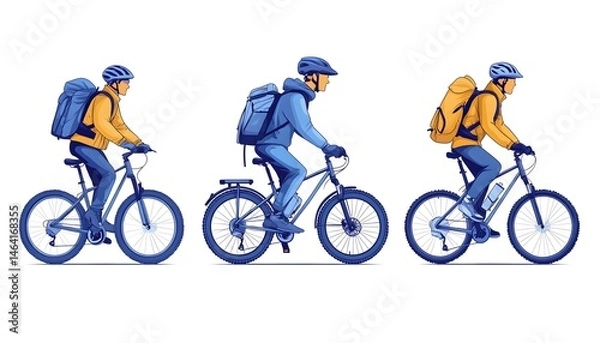 Fototapeta Three cyclists with backpacks ride mountain bikes