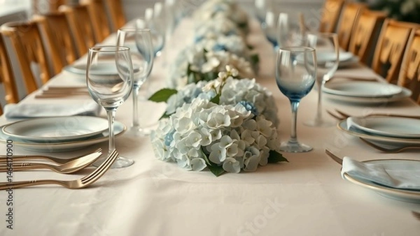 Fototapeta Beautifully arranged dining table featuring a floral centerpiece with hydrangeas, gold cutlery, and blue tinted glasses for a special occasion.

