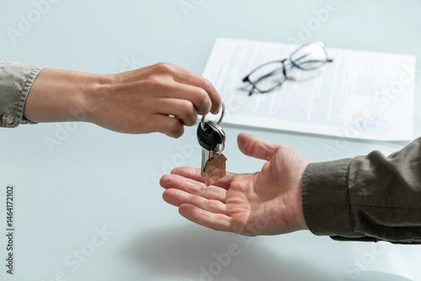 Fototapeta Female hand holds out the apartment keys, signed rent or sale agreement lying on a background.
