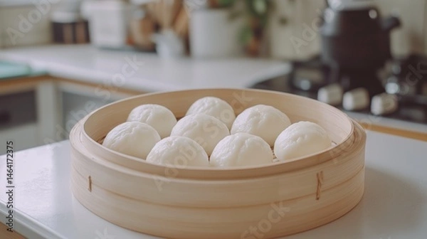 Fototapeta Baozi, white buns with round edges, in the oven box. A close-up of Chinese steamed bun texture. 3