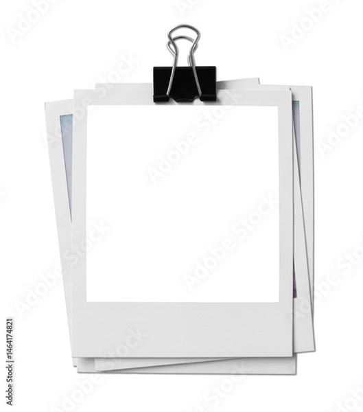 Fototapeta Vintage Polaroid, instant photo frame isolated in transparent PNG, polaroid frame - isolated design element, polaroids with black binder clip