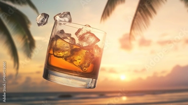 Fototapeta Fresh iced whiskey glass, floating in the air, with tropical beach and palm on the background. 7